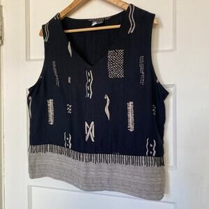 Vintage Black Tan Graphic Design Beaded Tank Top Beach Summer City